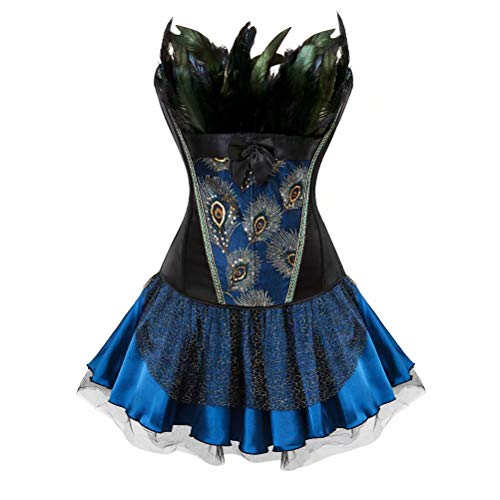 Corsagenkleid Feder Korsett Kleid Dessous Corsage elegant Stickerei Kostüme Pfau Halloween kostüm Rock Schwarz Blau XL
