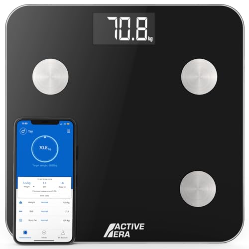 ACTIVE ERA Körperfettwaage - Digitale Personenwaage mit App - Smart Bluetooth Waage für Körperanalyse - Körperfett, BMI, Gewicht (max. 180 kg), Muskelmasse, Wasser, Protein, Knochengewicht - Schwarz