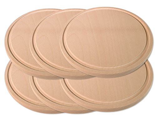 Brettchen Holzbrettchen -K&B Vertrieb- Essbrettchen Frühstücksbrettchen Buche Schneidbrettchen Holzbrett mit Saftrinne rund 040 (6 Stück)
