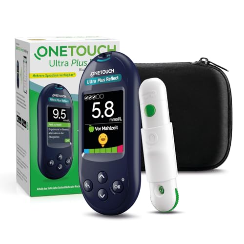 OneTouch Ultra Plus Reflect Messgerät in mmol/L: Set zur Blutzucker-Kontrolle mit 1 Messgerät + 10 Teststreifen + 1 Lanzettengerät + 10 Lanzetten im Etui (inkl. Batterien)