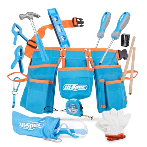 Hi-Spec 16-teiliges Kinder-Werkzeug-Kit mit Werkzeuggürtel in Kindergröße, Arbeitshandschuhen aus echtem Leder, Schutzbrille, Holzlineal, ECHTE Werkzeuge