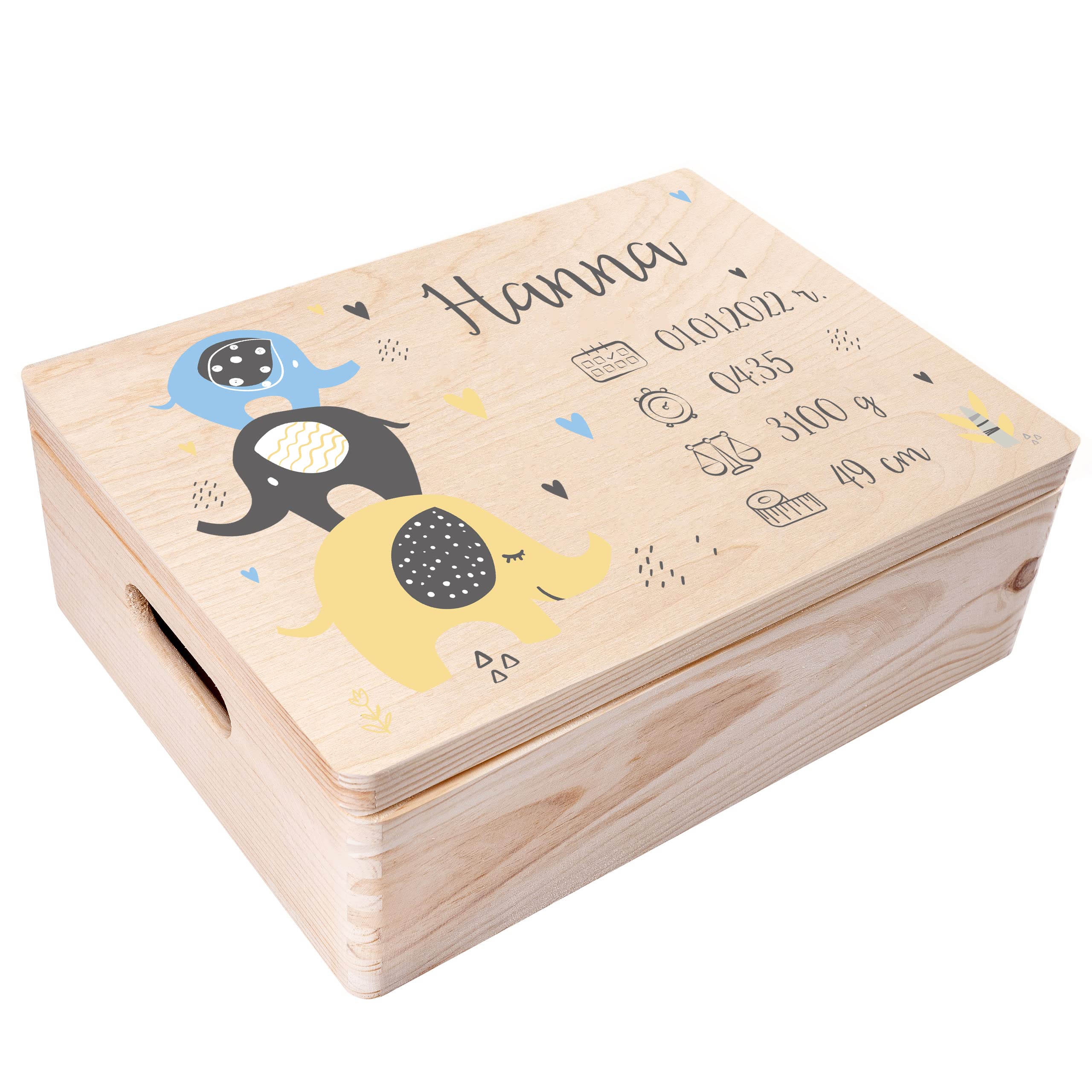 Creative Deco Erinnerungsbox Baby Holzkiste Personalisiert | 40 x 30 x 14 cm (+/-1cm) | Elefant Motive für Geburt & Taufe | Groß Natur Geschenk Spielzeugkiste Holzbox mit Deckel Gravur