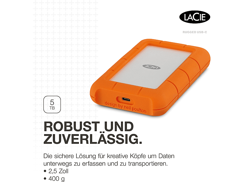 LACIE Rugged USB-C, 5 TB HDD, 2,5 Zoll, extern, Silber/Orange