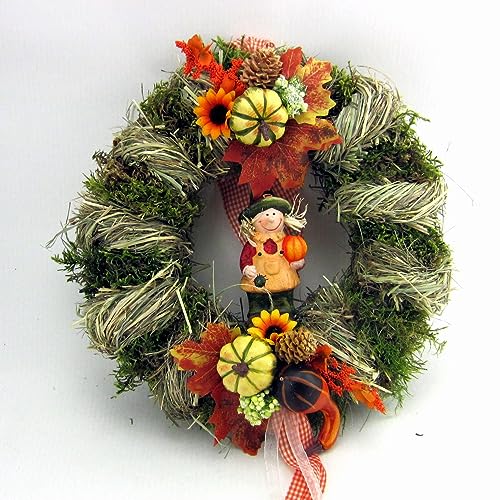 Türkranz Herbstkranz mit Blätter und Kürbiskind Handarbeit ø 28 cm - Herbst - Willkommensgruß 700