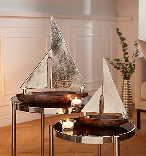 2 Segelboote aus dunkelbraunem Mango-Holz & Metall, Silber mit Antik Finish, Maritime Deko-Figuren, Dekoboote, Segler, Einmaster