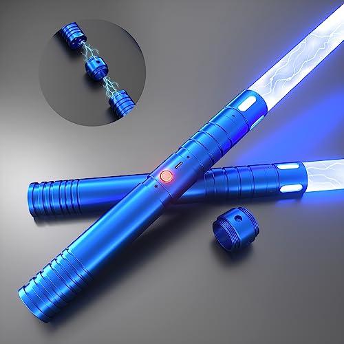 Lichtschwert, 15 Farben Lichtschwerter mit vibrierenden Metallgriffen, 2 in 1 LED Lichtschwert mit 3 Klänge Modi, Metallgriff | wiederaufladbare Batterie | Licht Burst-Modus (Blauer Griff)