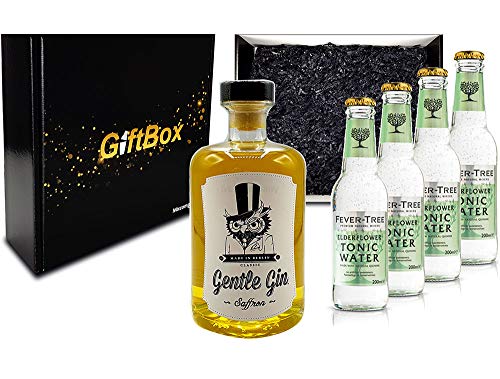 Mixcompany Giftbox - Gin Tonic Set Gin Tonic Set - Gentle Gin Saffron 0,5l (40% Vol) + 4x Fever-Tree Elderflower Tonic Water 200ml inkl. Pfand MEHRWEG - in Geschenkverpackung- [Enthält Sulfite]