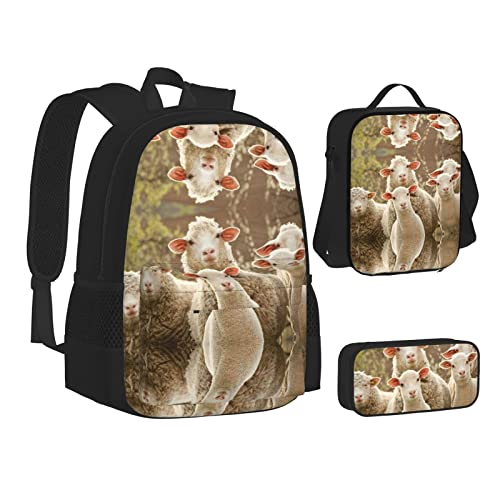 MQGMZ Niedlicher Leoparden-Rucksack für Herren, 3-teiliges Set, Büchertasche, 3-in-1, Lunchbox und Federmäppchen, verstellbare 43,2 cm Rucksäcke, Schafe und Lämmer, Einheitsgröße, Reiserucksäcke