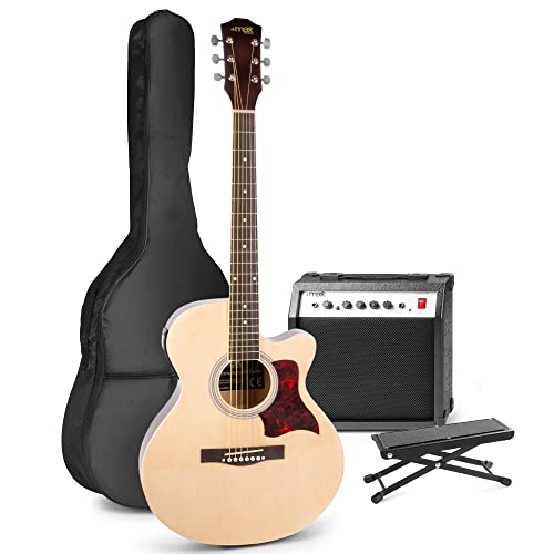 MAX ShowKit Elektrische Akustikgitarre, Akustische E-Gitarre Set - Gitarrenverstärker 40 Watt, Fußbank, Gitarren-Stimmgerät, Gitarrentasche und Plektrum - Natur