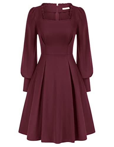 Belle Poque Damen Vintage Elegant Langarm Faltenrock Quadratischer Ausschnitt mit Rüschenbesatz Kleider Rotwein L