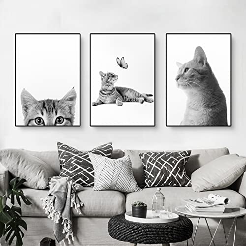 CULASIGN 3er Set Schwarz Weiß Katzen Bilder, Leinwandbilder, Einfache Stilvolle Wandbilder Kunstposter für WandDeko Ohne Rahmen (A,40x50cm)