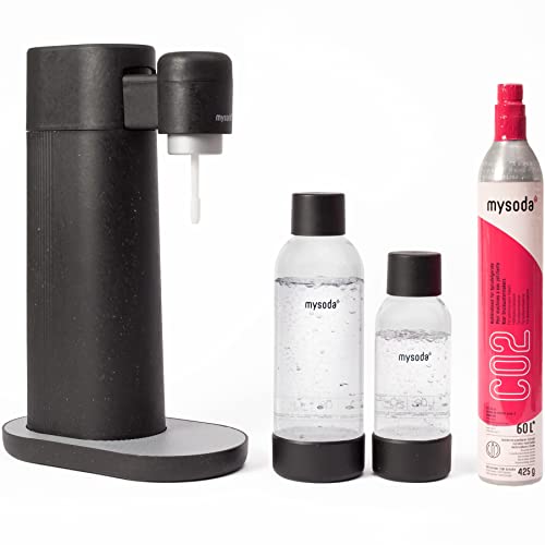 Mysoda Wassersprudler Set Toby aus erneuerbarem Biokomposit Material inkl. CO2-Zylinder und 1l+0.5l Quick-Connect BPA-frei Plastikflasche mit, Schwarz