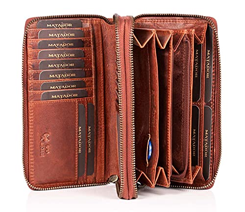 Matador Lange Damenbörse Geldbörse Portemonnaie aus Antik Weichen Braun Rinds Leder Scheintasche Geldtasche mit Doppelter Reißverschluss (KARO-BRAUN)
