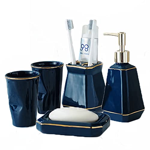 Tauzveok Home Modernes Luxus-Badezimmer-Zubehör-Set 5-teilig mit Seifenspender, Zahnbürstenhalter, Zahnbecher und Seifenschale,Blau,5pcs
