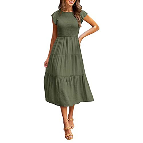 Yokbeer Sommerkleid Damen Kurzarm Lose Rüschen Freizeitkleid Einfarbig Strandkleid Elegant A-Linie Hohe Taille Overknee Langes Kleid (Color : Army Green, Size : L)