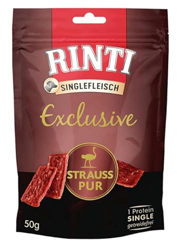 Rinti Singlefleisch Exclusive Strauß pur | 12 x 50 g | Belohnungssnack für ausgewachsene Hunde | Für empfindliche Hunde bei Allergien oder Unverträglichkeiten | Leicht verdaulich
