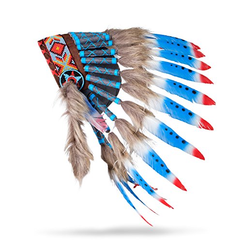 Pink Pineapple Traditioneller Indianer Inspirierter Kopfschmuck handgefertigt im traditionellen Stil Nordamerikanischer Indianer - Kurze Länge - Blau, Rot und Weiß