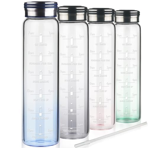 Cleesmil Trinkflasche Glas 1l, Motivierende Wasserflasche mit Strohhalm & Zeitmarkierungen, 1 Liter Glasflasche mit Neoprenhülle, Kohlensäure Geeignet
