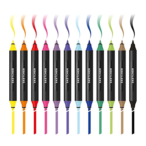 Molotow Sketcher Twinmarker Main Kit 1 (Brush Tip & 3mm Keilspitze, farbintensive Aqua Pro Tinte, satte Farben, schnelltrocknend, Graffiti Stifte für die Anwendung auf Papier) 12 Stifte mehrfarbig