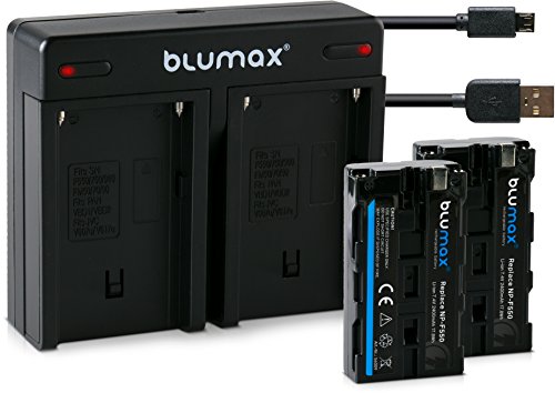 Blumax 2X Akku für Sony NP-F550 / NP-F750 / NP-F970 / NP-F960 | 2400mAh + Mini Dual-Ladegerät inkl. Micro USB-Kabel