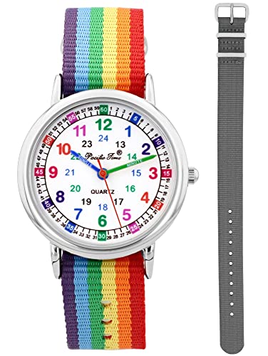 Pacific Time Kinder Armbanduhr Mädchen Jungen Lernuhr sehr gut ablesbar Wechsel Textilarmband Regenbogen + grau analog Quarz 12906