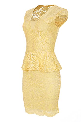 Laeticia Dreams Damen Kleid aus Spitze Kurzarm Knielang Schößchen S M L XL, Farbe:Gelb;Größe:40