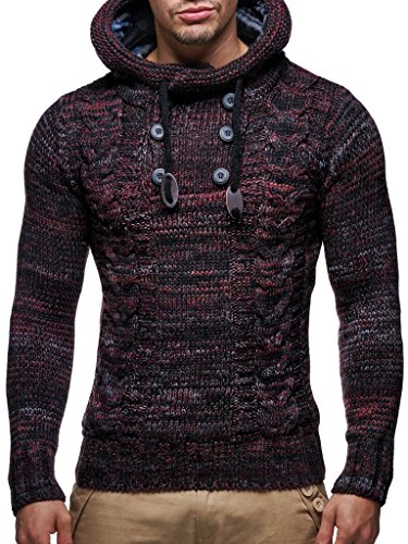 Leif Nelson Herren Strick-Pullover Strick-Pulli mit Kapuze Moderner Winter Woll-Pullover Langarm-Sweatshirt Slim Fit LN20227 Rot Large