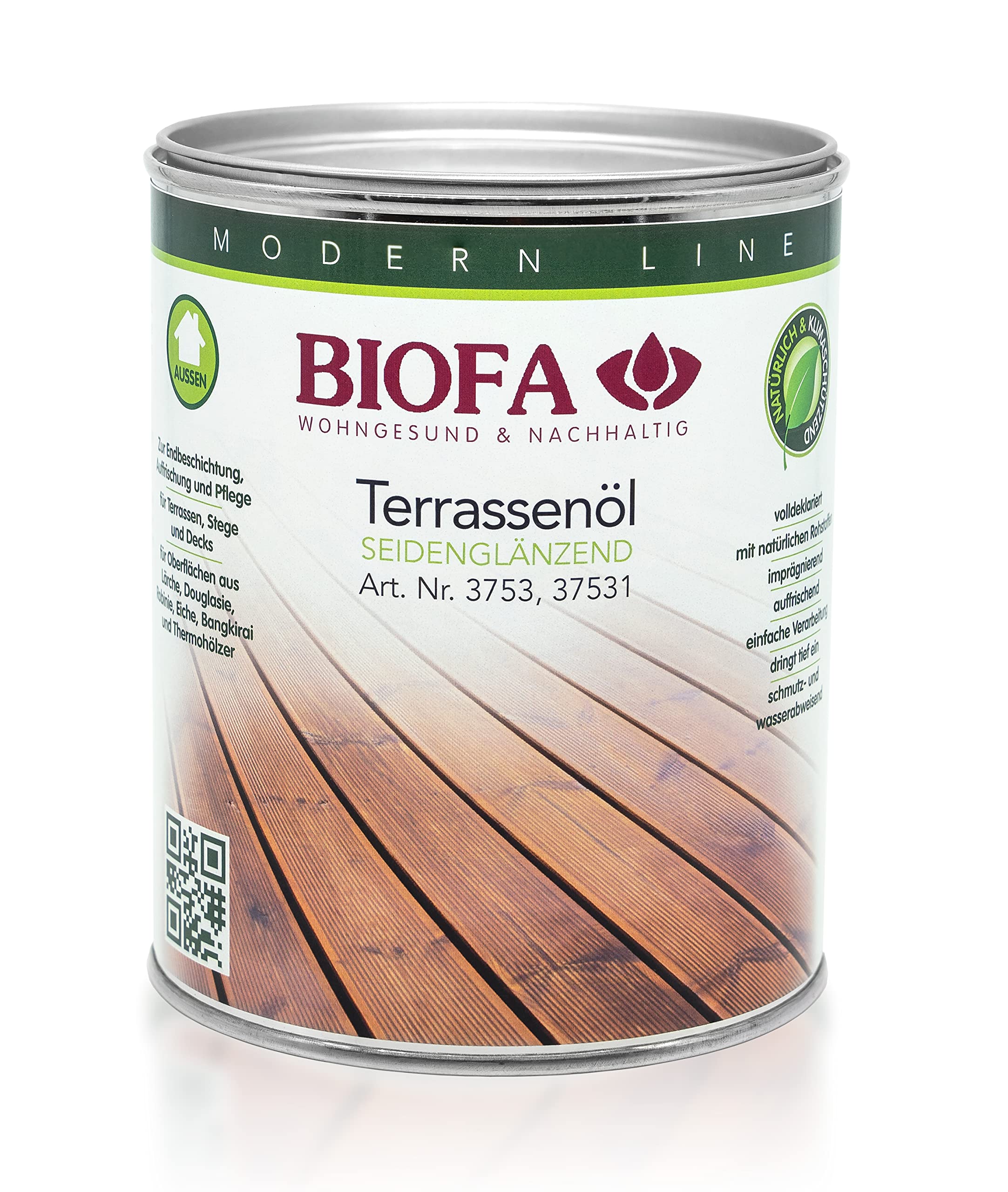 BIOFA Terrassenöl farbig 37531 Pflegeöl für Holzterrassen und Terrassen-Dielen aus Holz – Öl aus natürlichen Rohstoffen - Außenbereich (1L, Grau)