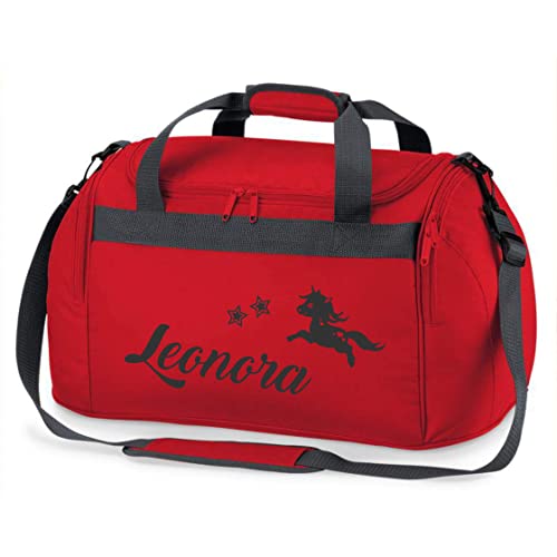 Sporttasche Mädchen mit Namen |springendes Einhorn und Sterne | Personalisierbare und Bedruckte Reisetasche Duffle Weekender Bag (rot)