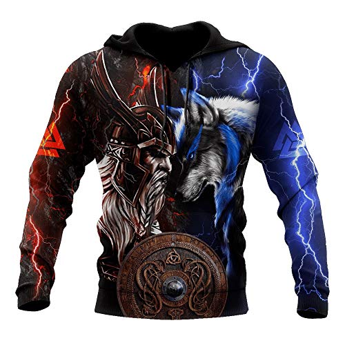 WLXW Herren Viking Hoodie, Fenrir Und Odin War 3D-Bedrucktes Pullover-Sweatshirt, Anpassbare DIY-Neutrale Mode-Harajuku-Jacke, Weihnachtspaar-Outfit,Hooodie,M