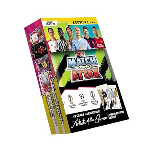 Topps Match Attax 23/24 Booster Tin 3 – enthält 42 Match Attax Karten plus 2 exklusive Artists of the Game Limited Edition Karten