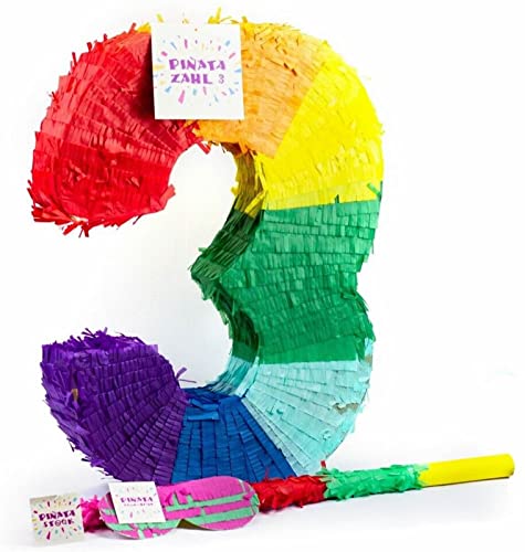 Pinatas Zahl 0 bis 9 | Set: Pinata + Maske + Stock | Tolles Spiel und Deko zum Kindergeburtstag | Zahlen Piñata Kinder Geburtstag Party Partydeko, Edition: 3. Geburtstag