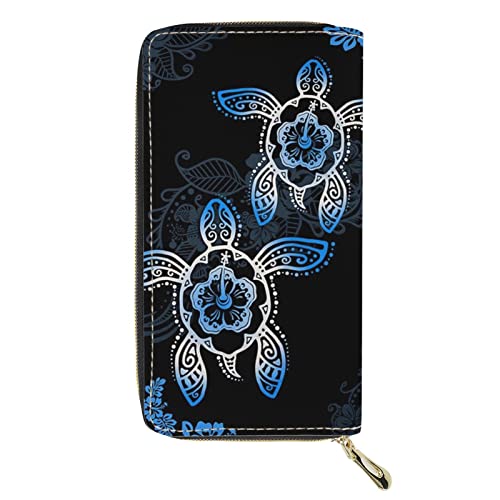 Lsjuee Lange Brieftasche mit polynesischem Schildkröten-Print für Damen, tragbare Handtasche aus PU-Leder mit Reißverschluss rundherum, Shopping-Reise-Kreditkarten-Telefon-Geldbörse