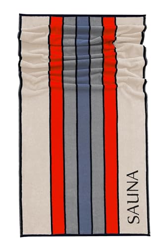 Lashuma Saunatuch Stockholm Gestreift, Beige - Rot - Grau, XXL Liegetuch mit Sauna Aufschrift, Strandtuch Badetuch 85x200 cm
