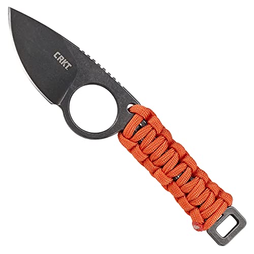 CRKT Steißbeinmesser EDC: Everyday Carry feste Klinge Drop Point Messer mit schwarzer Stonewash-Oberfläche, orangefarbener Griff mit umwickelter Schnur, Scheide 2415
