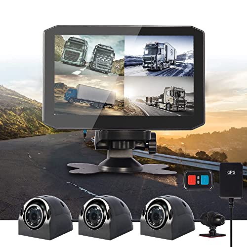 VSYSTO 4CH LKW-Dashcam 1080P Front-, Seiten- und Rückkamera 7,0-Zoll-Monitor mit GPS-IR-Nachtsicht, 360°-Fahrzeug-Rückfahrkamera DVR-Dashcam für Sattelzugmaschinen