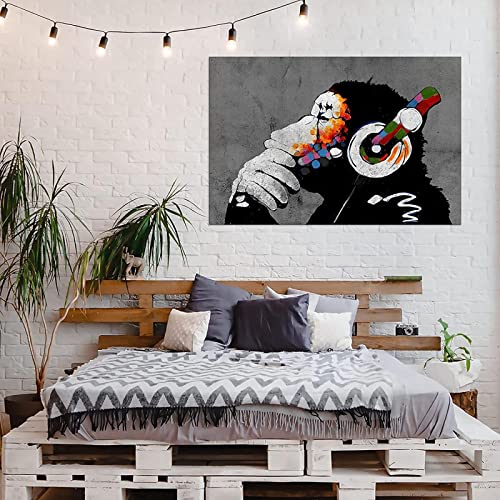 zxiany Bilder Banksy Dj Afee Leinwandbilder Bild auf Leinwand Wandbild Kunstdruck Wohnzimmer Wanddekoration Deko Gorilla Tiere Affe mit kopfhörer 40x60cm Kein Rahmen-9