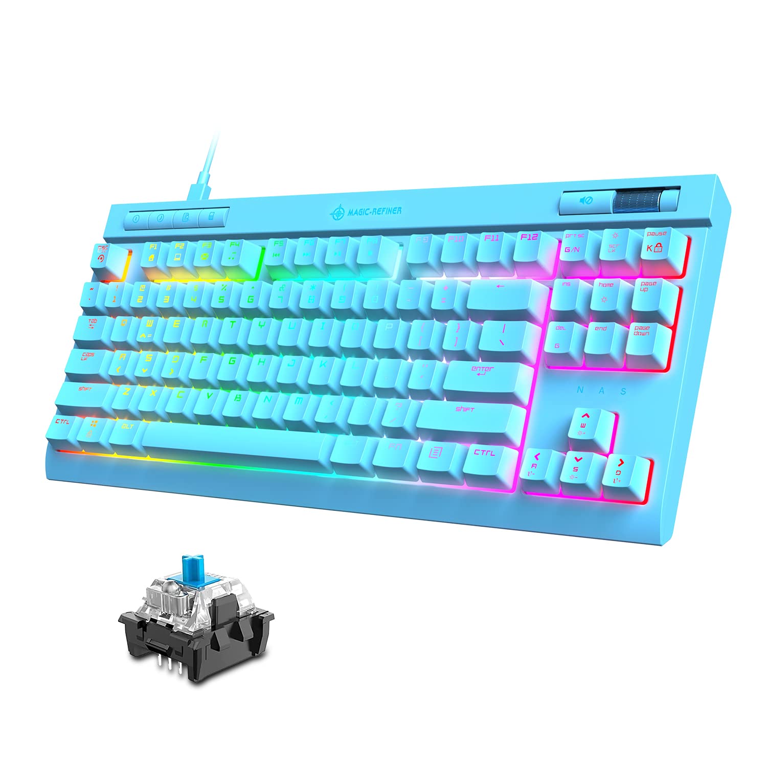 TKL – Gaming-Tastatur, 18 Chroma-RGB-beleuchtete mechanische Tastatur mit LED-Hintergrundbeleuchtung und blauem Schalter, spezielle Multimedia-Tasten, vollständige Anti-Ghosting-Tasten– Blau