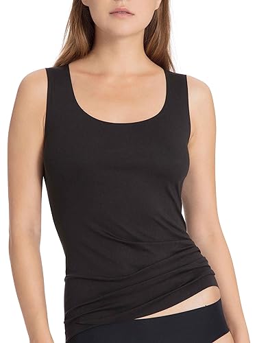 CALIDA Damen Unterhemd Natural Luxe, schwarzes Tank-Top aus Lyocell und Elastan, nahtlose Abschlüsse mit Rundhalsausschnitt, Größe: 44/46