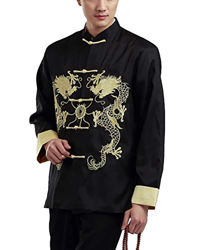 Daoba Herren Tang Anzug, Chinesisch Traditionell Stehkragen Langarm Tai Chi Shirt Kampfkunst Kung Fu Hemd Jacke Tops Doppelte Drachenstickerei