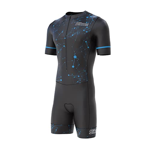 Herren Fahrrad-Skinsuit mit Gel-Polsterung, einteiliger Trianzug, kurzes, sublimiertes Design, schwarz / blau, S