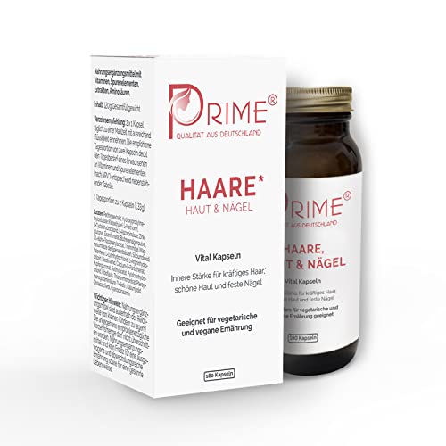 PRIME® Haare Haut & Nägel Vital Kapseln - Vegane Premium Qualität für 90 Tage (180 Stück) - Umweltfreundliche Glasflasche - Für kräftiges Haar, schöne Haut und feste Nägel