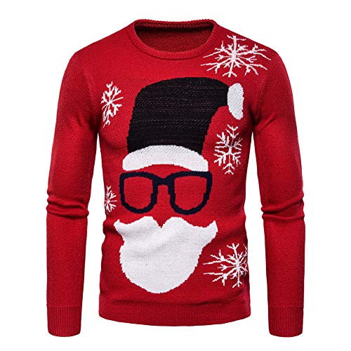 Herren Weihnachtspullover Winter Pullover Strickpullover Weihnachtspulli mit Rundhals-Ausschnitt Slim Fit für Herbst und Winter Rot L