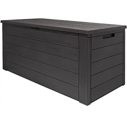 Auflagenbox Woody Holzoptik Deckel klappbar 120x46x57cm Kissenbox Gartenbox Garten Truhe Tischtruhe