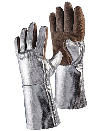 Jutec H05LA230-W2 Leder/Aluminium Handschuh, Braun/Silber, 30 cm Länge, 250°C Kontakthitze Kurzfristig, 1000°C Strahlungshitze