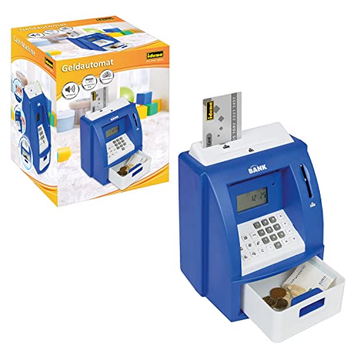 Idena 50060 - Digitale Spardose für Kinder mit Sound, Geldautomat in Blau und Weiß mit kleinem Display, Münzzähler und einer PIN geschützten Kreditkarte