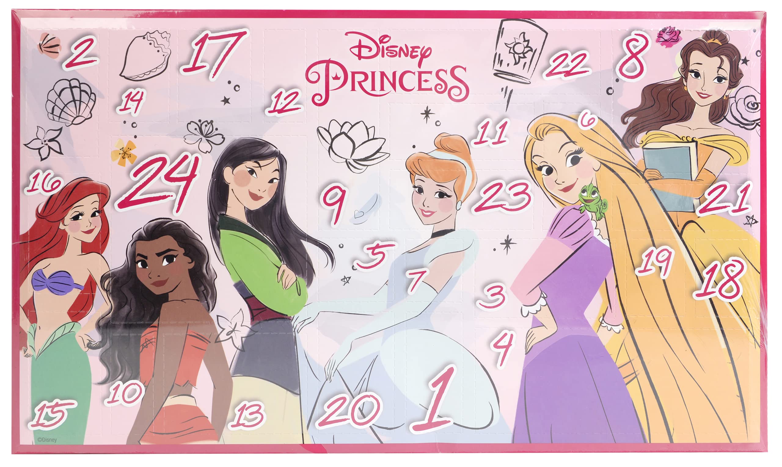 Markwins Princess 24 Days of Adventure Advent Calendar, Adventskalender mit Prinzessinnen Beauty-Produkten, Make-up Set für Schminkspaß, buntem Zubehör, Spielzeug und Geschenke für Kinder