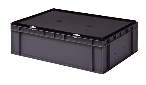 Stabile Profi Aufbewahrungsbox Stapelbox Eurobox Stapelkiste mit Deckel, Kunststoffkiste lieferbar in 5 Farben und 21 Größen für Industrie, Gewerbe, Haushalt (grau, 60x40x18 cm)