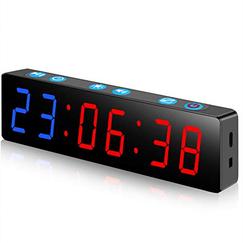 PELLOR Fitness Timer, Mini Portable 6-stellige LED-Fitness Timer, 12/24-Stunden-Zeitformat,Stoppuhr-Timer, Crosstraining Gym Clock, einstellbare Helligkeit und Lautstärke