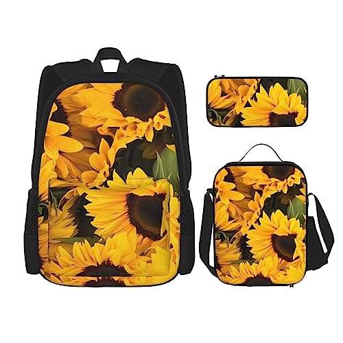PartyUnix Sunflower Prints Rucksack 3-teilig Schulranzen mit Brotdose und Federmäppchen Set - Geeignet für Jungen und Mädchen, Schwarz , Einheitsgröße, Kinderrucksack